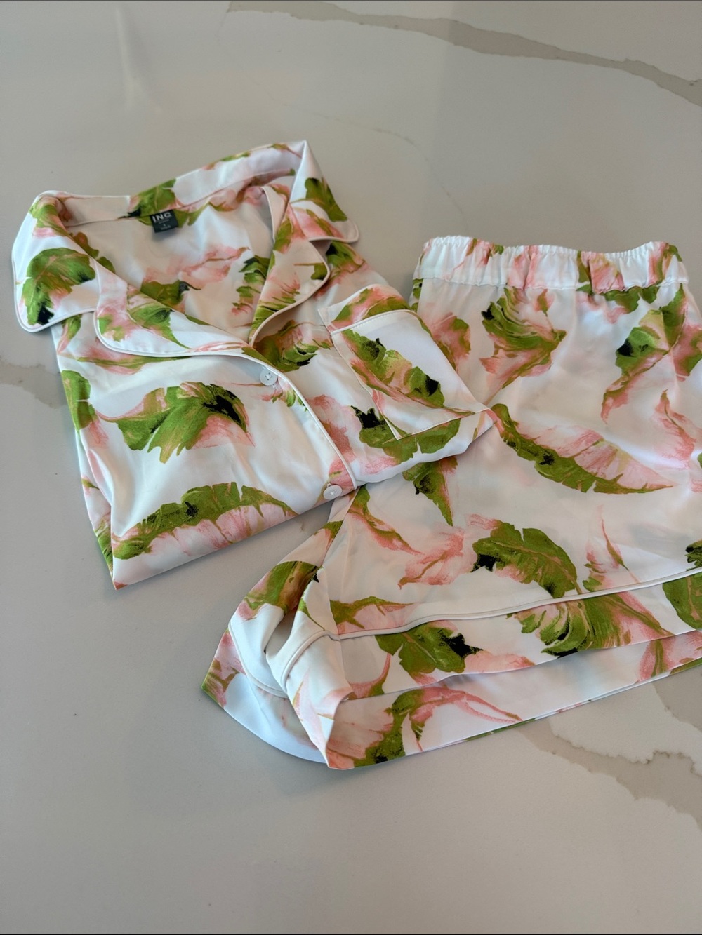 INC International Concepts White Pink and Green Floral Satin Pajama Set